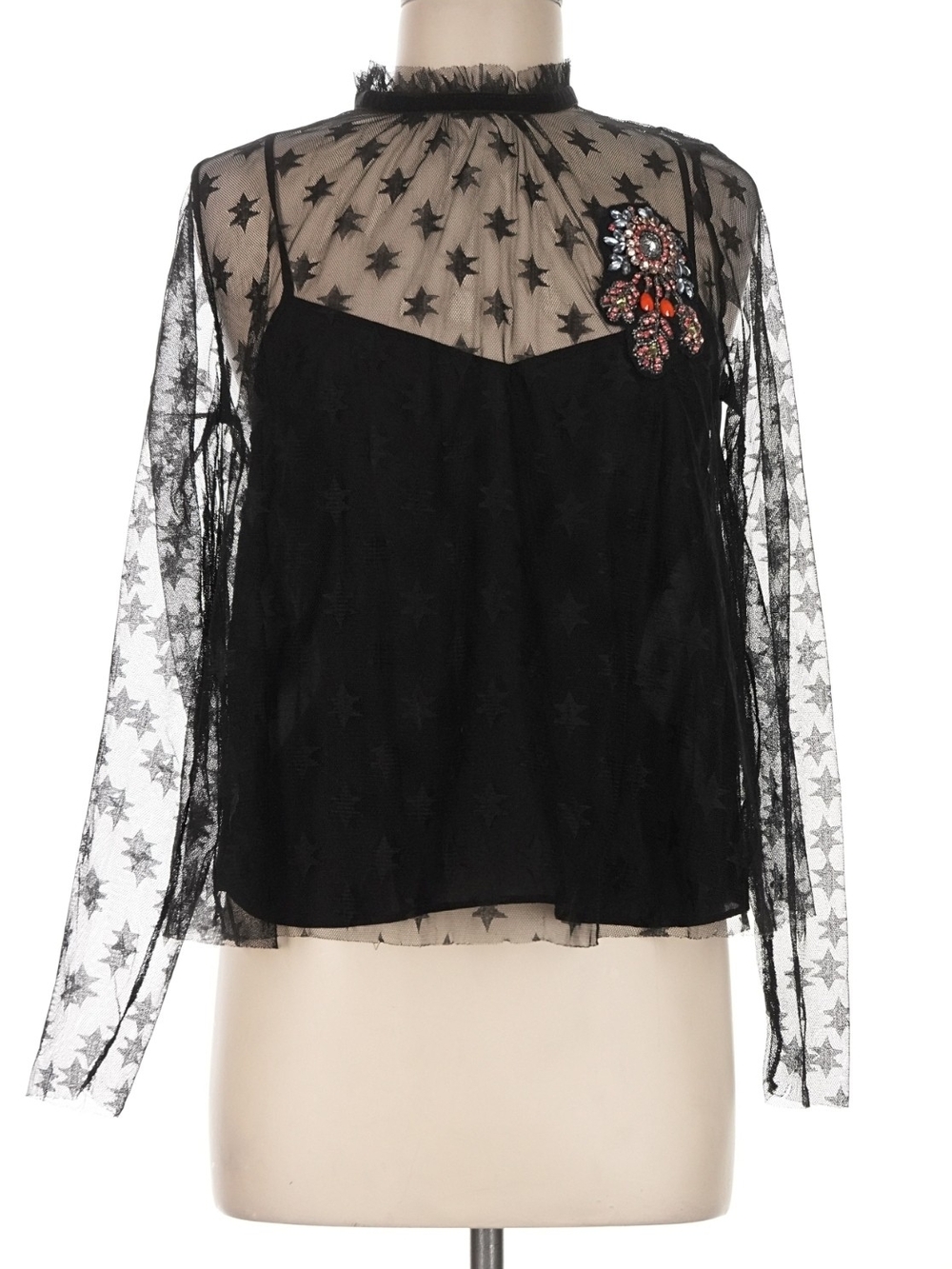 Zara Black Sheer Star-Print Blouse with Jeweled Embellishment Size M
